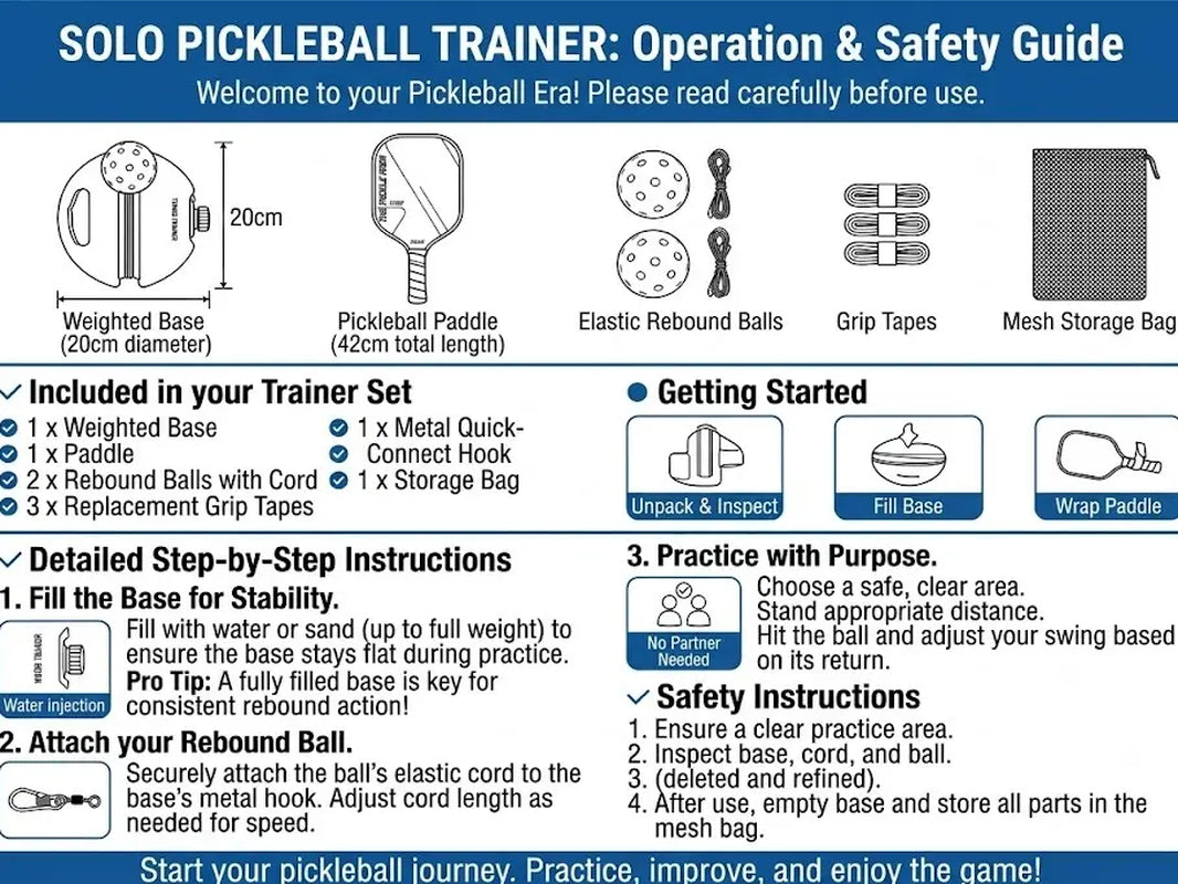 Solo Pickleball Trainer Set with Paddle & Pickleballs - Portable Rebound Practice Equipment for Home, Backyard, Garage & Outdoor Training