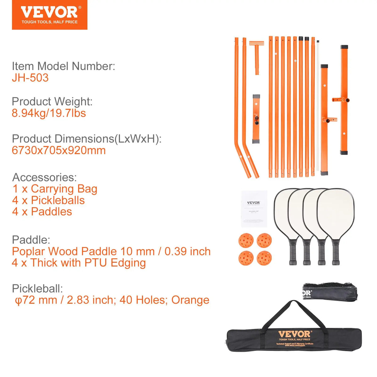 【Back to School】Vevor Regulation Size 22FT Portable Pickleball Net Set - Game Kit with Sectional Weather-Resistant Metal Frame, PE Mesh Net, Paddles, Balls, Racket Grip, Carrying Bag for Outdoor Play & Portable Setup