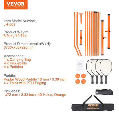 【Back to School】Vevor Regulation Size 22FT Portable Pickleball Net Set - Game Kit with Sectional Weather-Resistant Metal Frame, PE Mesh Net, Paddles, Balls, Racket Grip, Carrying Bag for Outdoor Play & Portable Setup