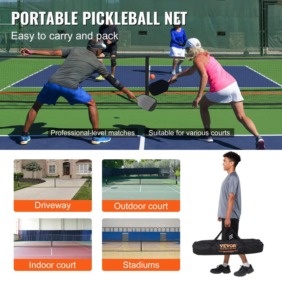 【Back to School】Vevor Regulation Size 22FT Portable Pickleball Net Set - Game Kit with Sectional Weather-Resistant Metal Frame, PE Mesh Net, Paddles, Balls, Racket Grip, Carrying Bag for Outdoor Play & Portable Setup