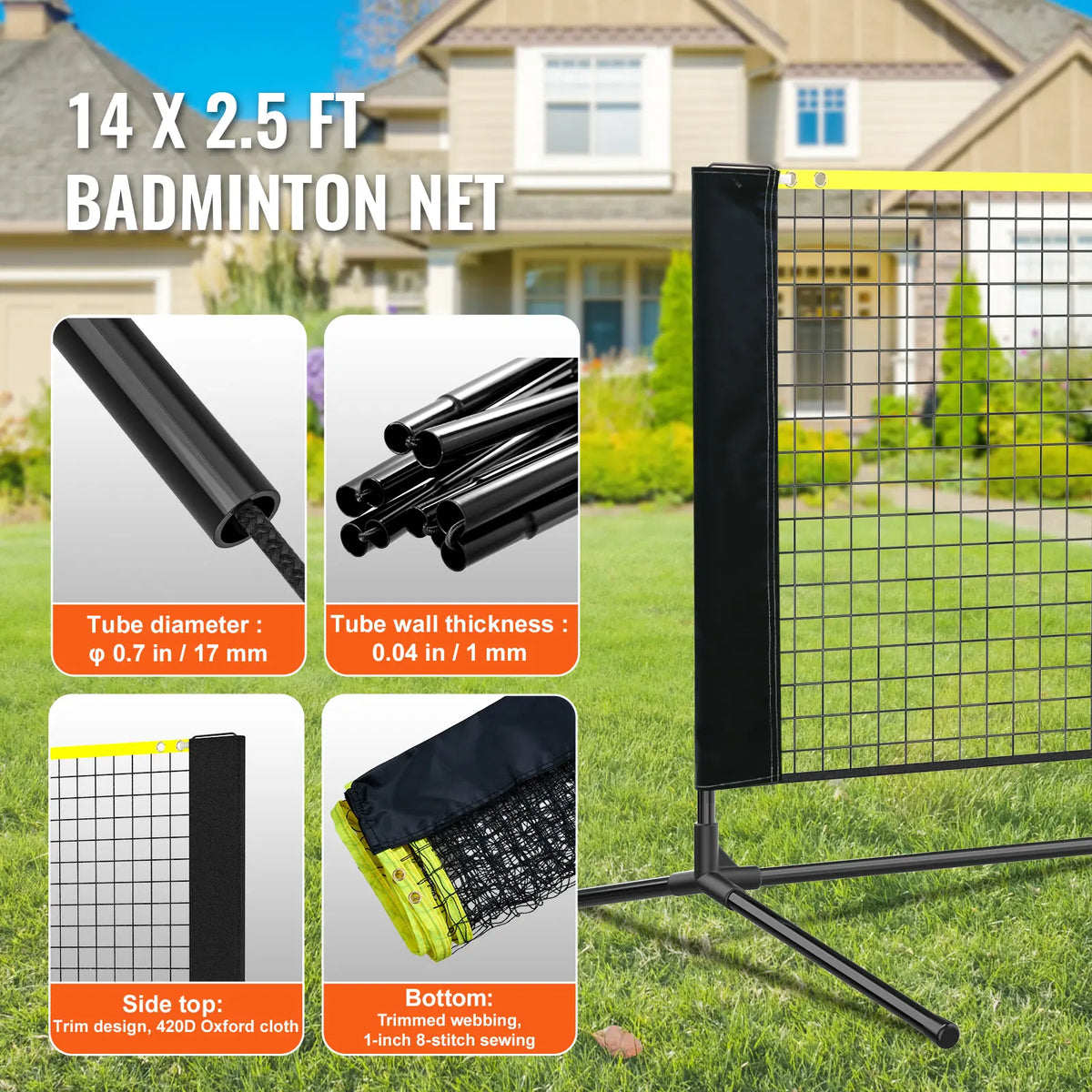 【Toolupgrade】Vevor Badminton Net, Height Adjustable Volleyball Net, 14Ft Wide Foldable Pickleball Net, Portable Easy Setup Tennis Net Set with Poles, Stand and Carry Bag, for Kids Backyard Game Indoor Outdoor Use