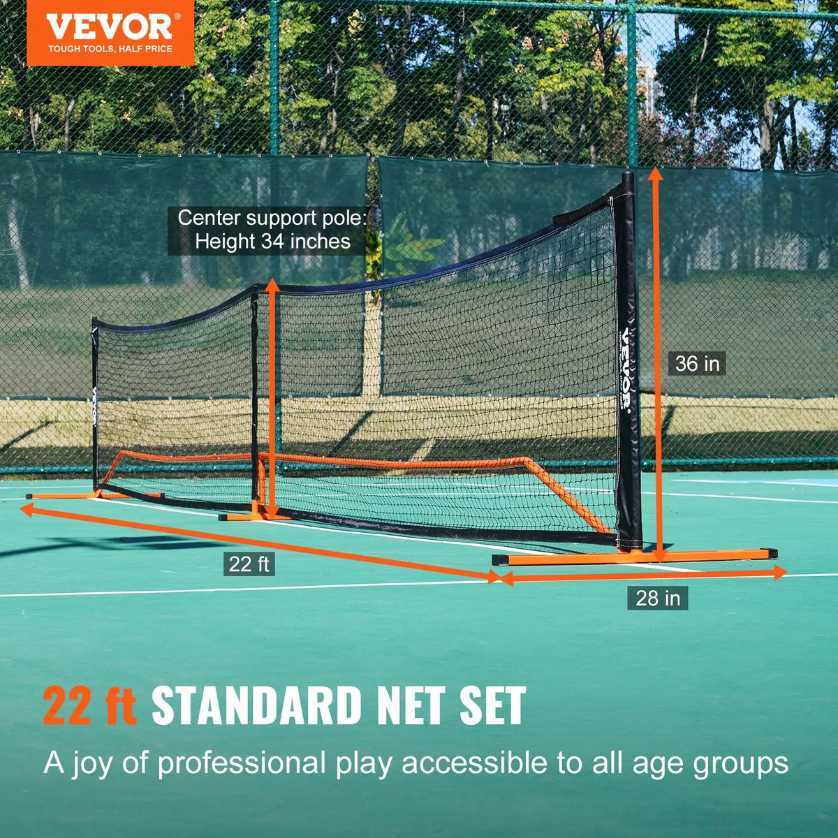 【Back to School】Vevor Regulation Size 22FT Portable Pickleball Net Set - Game Kit with Sectional Weather-Resistant Metal Frame, PE Mesh Net, Paddles, Balls, Racket Grip, Carrying Bag for Outdoor Play & Portable Setup