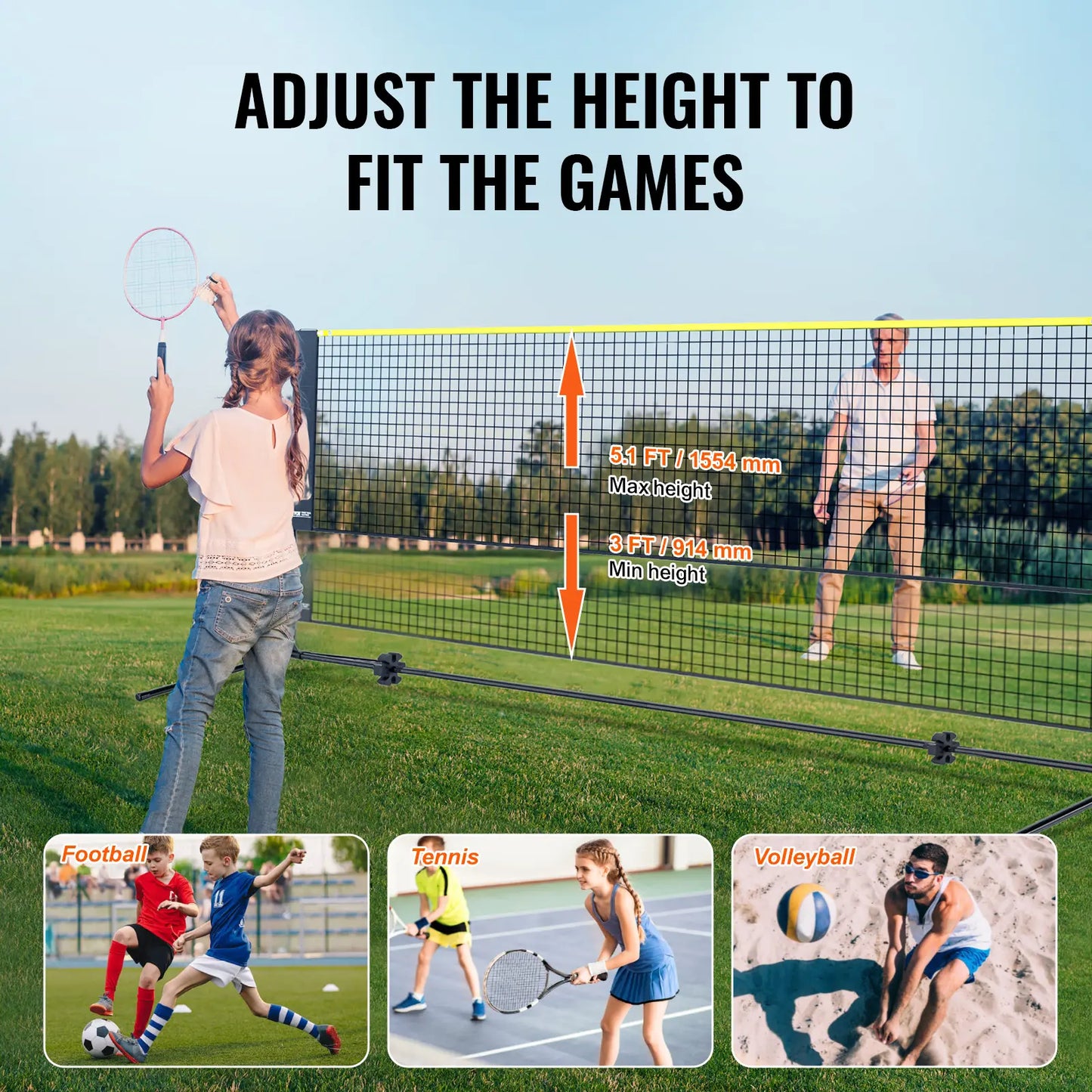 【Toolupgrade】Vevor Badminton Net, Height Adjustable Volleyball Net, 14Ft Wide Foldable Pickleball Net, Portable Easy Setup Tennis Net Set with Poles, Stand and Carry Bag, for Kids Backyard Game Indoor Outdoor Use