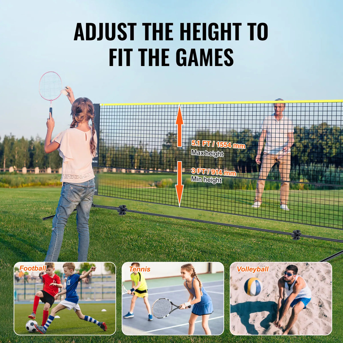 【Toolupgrade】Vevor Badminton Net, Height Adjustable Volleyball Net, 14Ft Wide Foldable Pickleball Net, Portable Easy Setup Tennis Net Set with Poles, Stand and Carry Bag, for Kids Backyard Game Indoor Outdoor Use