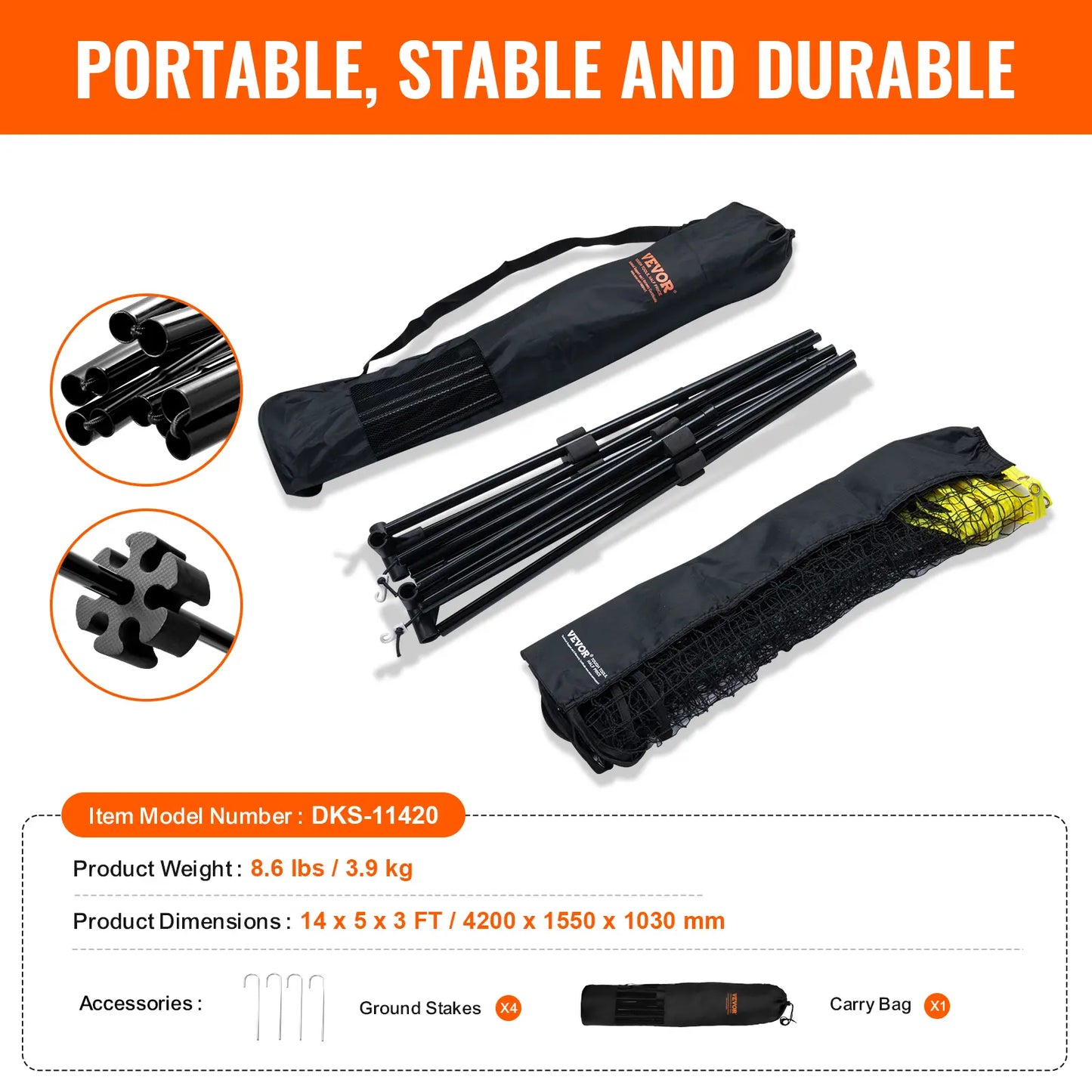 【Toolupgrade】Vevor Badminton Net, Height Adjustable Volleyball Net, 14Ft Wide Foldable Pickleball Net, Portable Easy Setup Tennis Net Set with Poles, Stand and Carry Bag, for Kids Backyard Game Indoor Outdoor Use